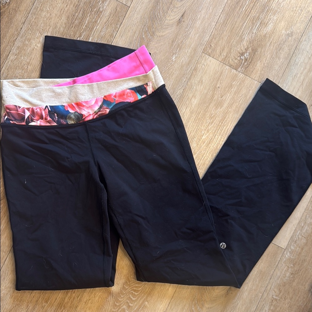 lululemon athletica Black Leggings with Pink and Gold Floral Waistband